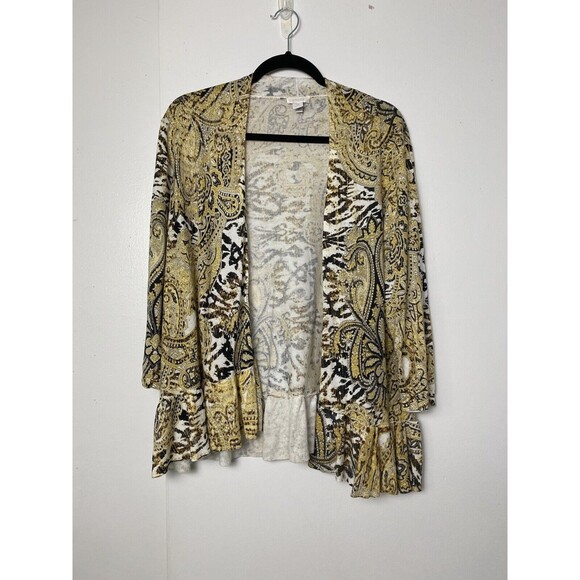 Chico's Paisley Open Cardigan Brown Ruffle Size 3 Sleeves 3/4 L Multicolor - Picture 1 of 13